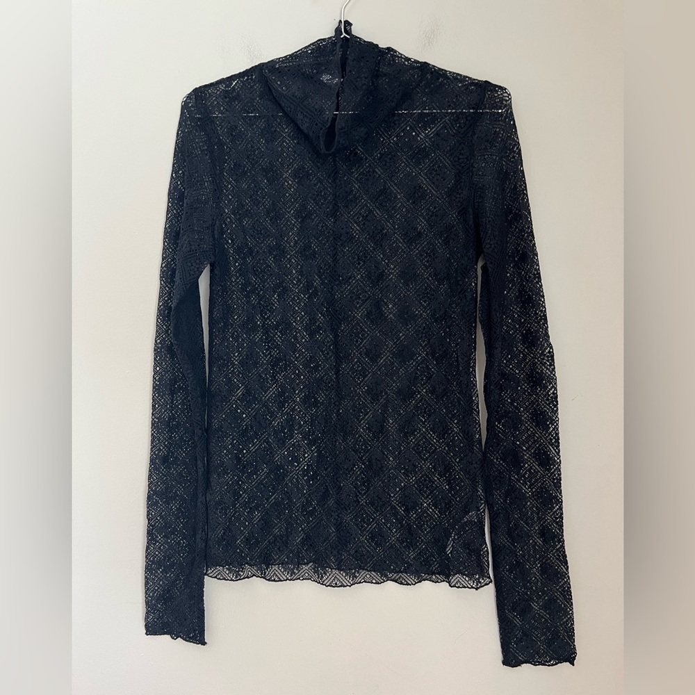 Free People Black Sheer Lace Hooded Long Sleeve Top M/L